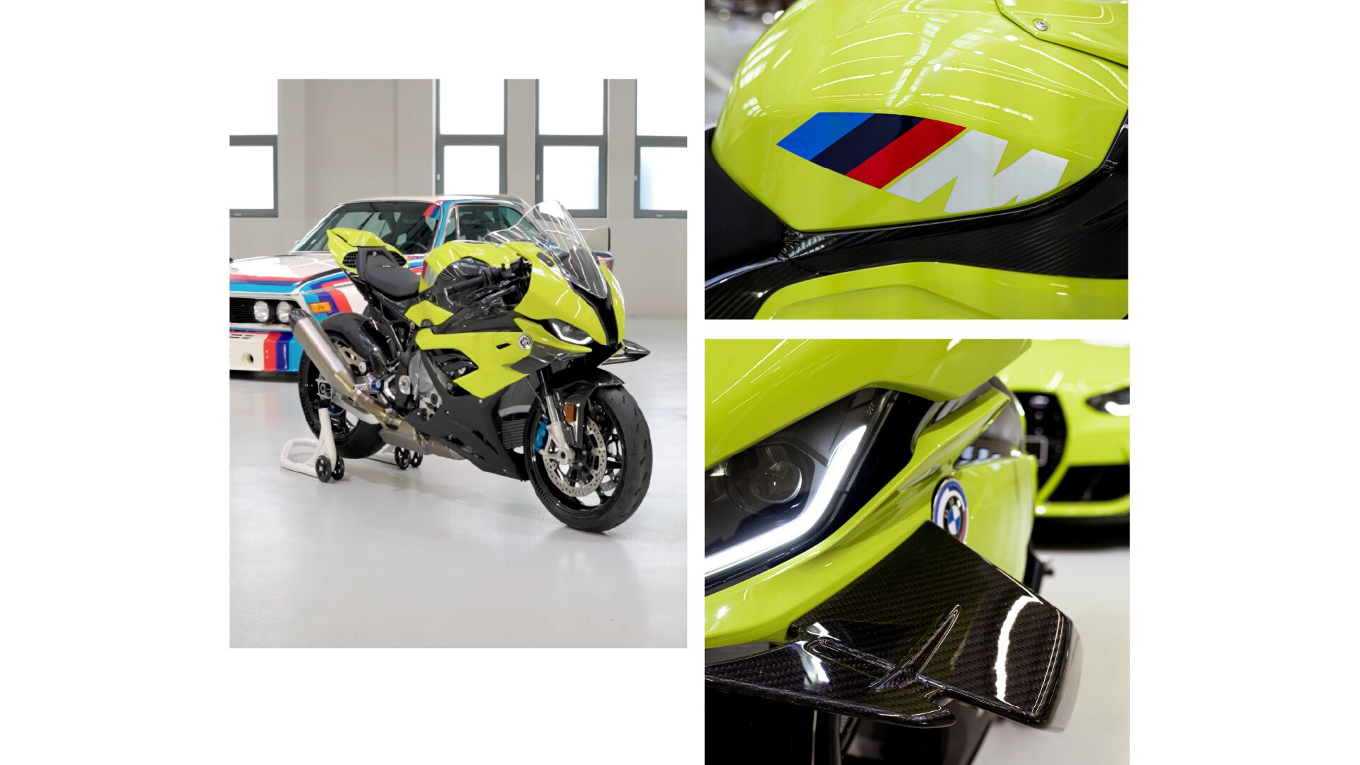 M RR 50 Years M priekšpuses skats. Spārni ir skaidri redzami. BMW M logotips ar trīs raksturīgo krāsu (zila, tumšzila un sarkana) svītrām, kas dinamiski piegulst baltam M burtam