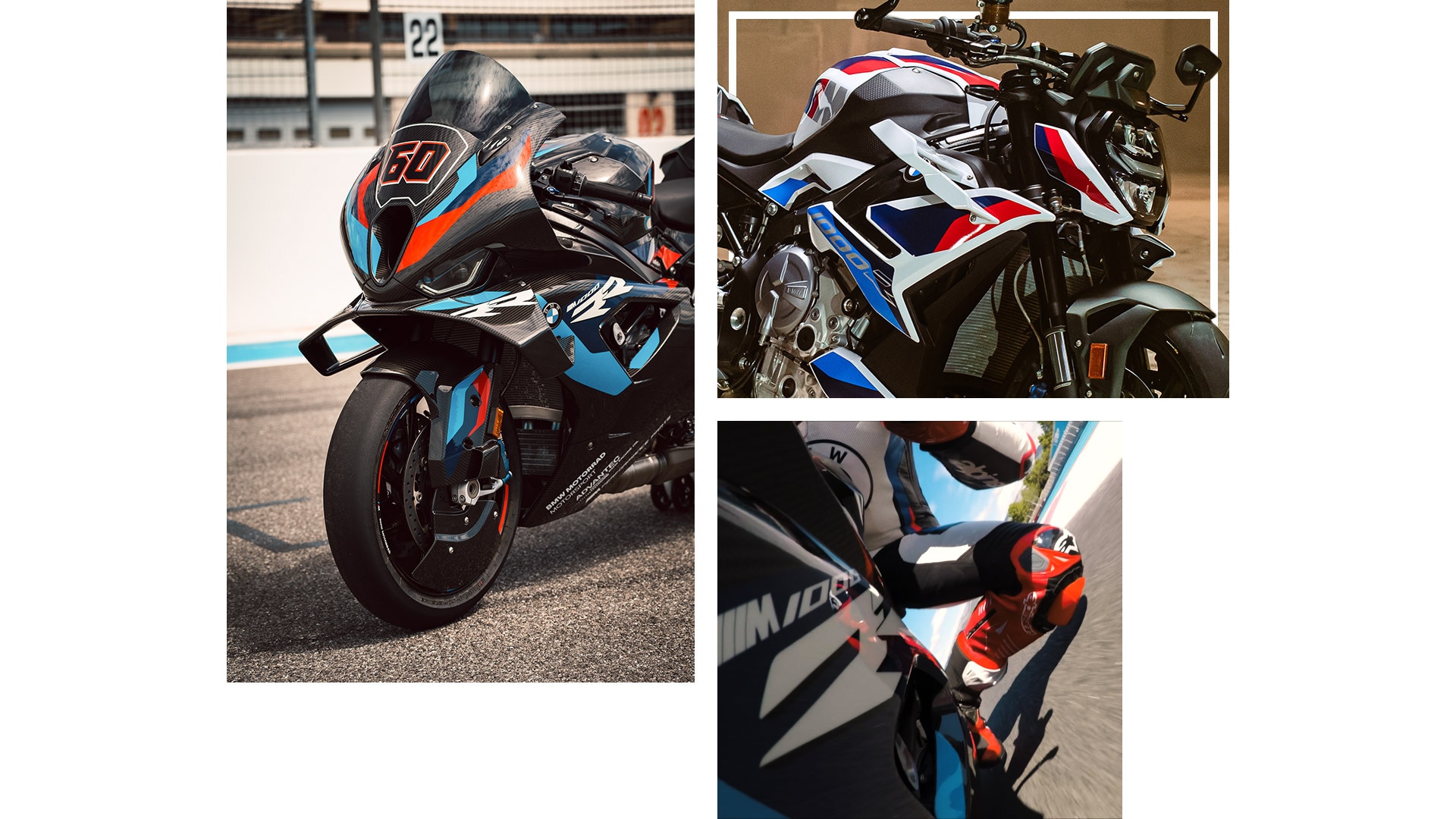 Kadru kolāža ar M 1000 RR un M 1000 R kustībā.