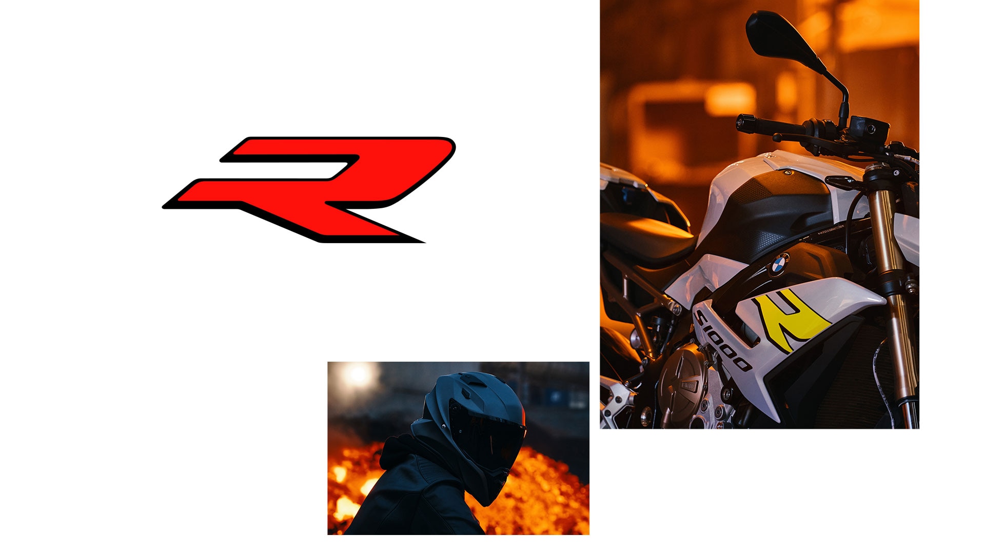 Redzam S 1000 R kolāžu Hockenheim Silver krāsā ar trim atsevišķiem attēliem, kas sastāv no sānskata, skata uz R sānu apdari un vadītāju.