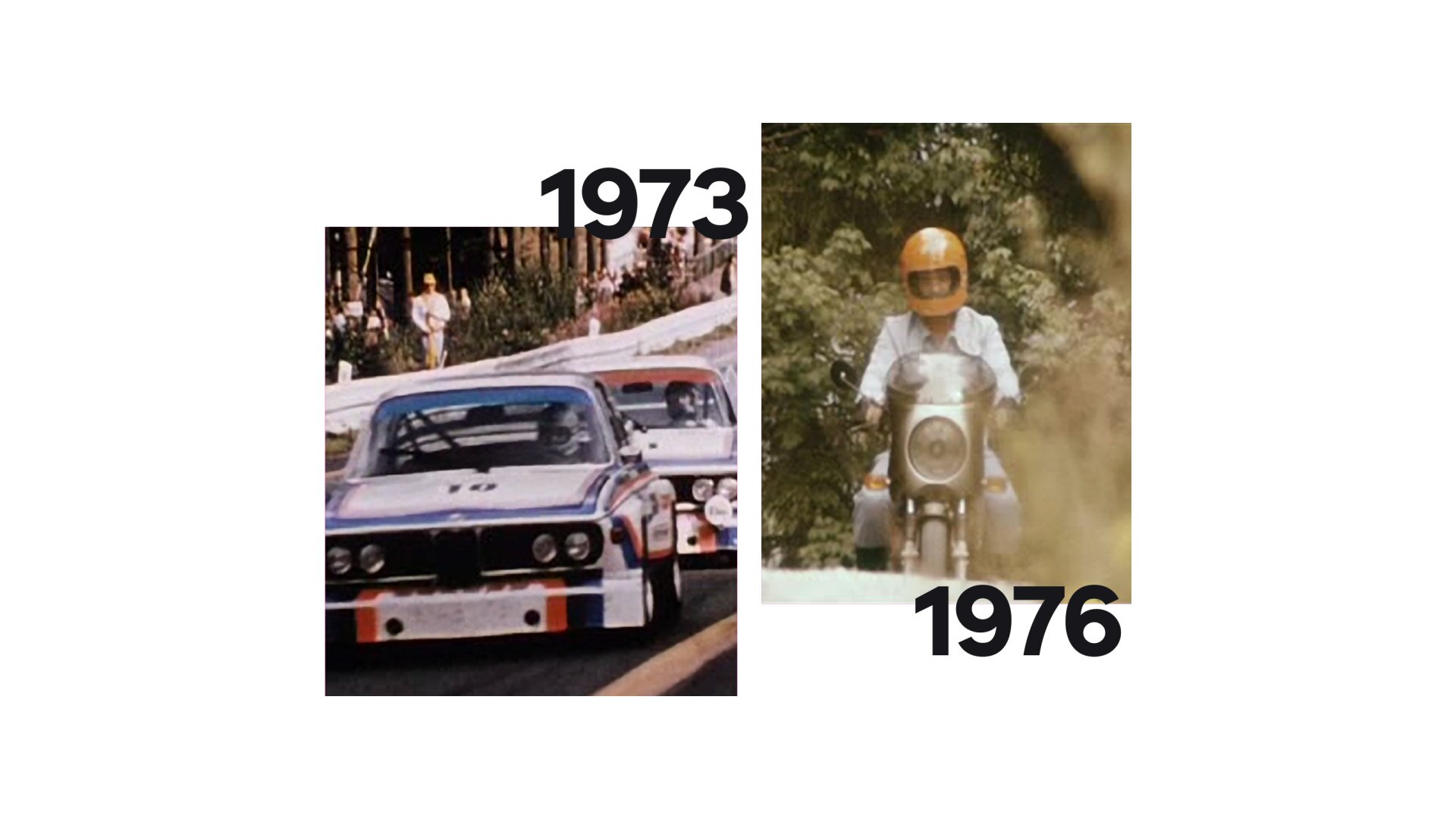 Pa kreisi – vēsturiska BMW 3.0 CSL attēls, pa labi – Helmuta Dēnes BMW R 90 S.